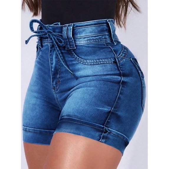 Women's High Waisted Denim Shorts With Drawstring Design Jeans