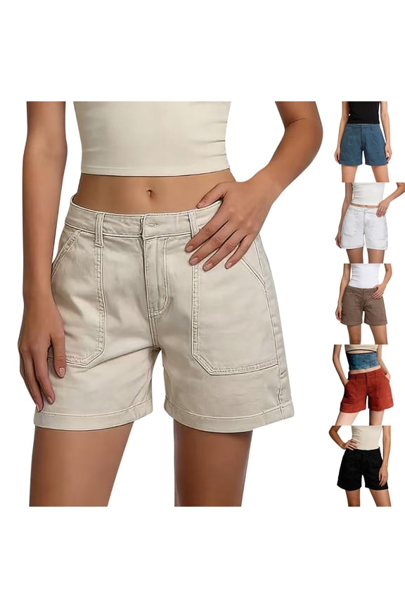 Women's High Waisted Denim Shorts with Patch Pockets Casual