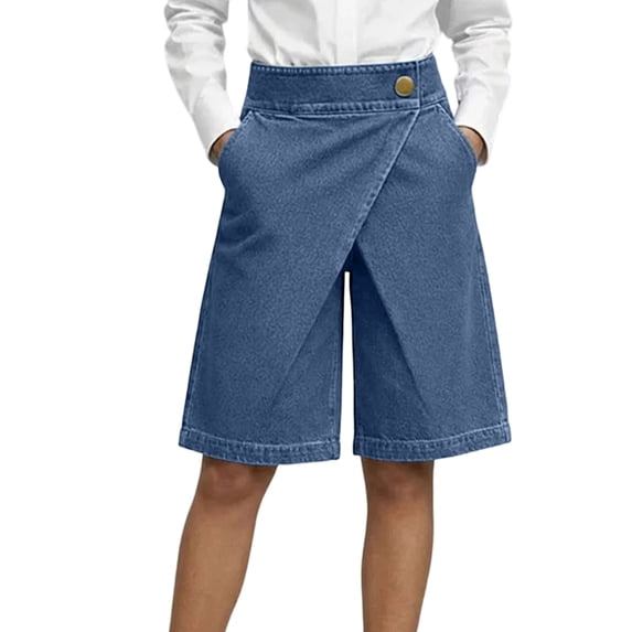 Women's High Waisted Denim Skorts, Asymmetric Wrap Front Jean Shorts with Button, Wide Leg Bermuda Shorts with Pockets