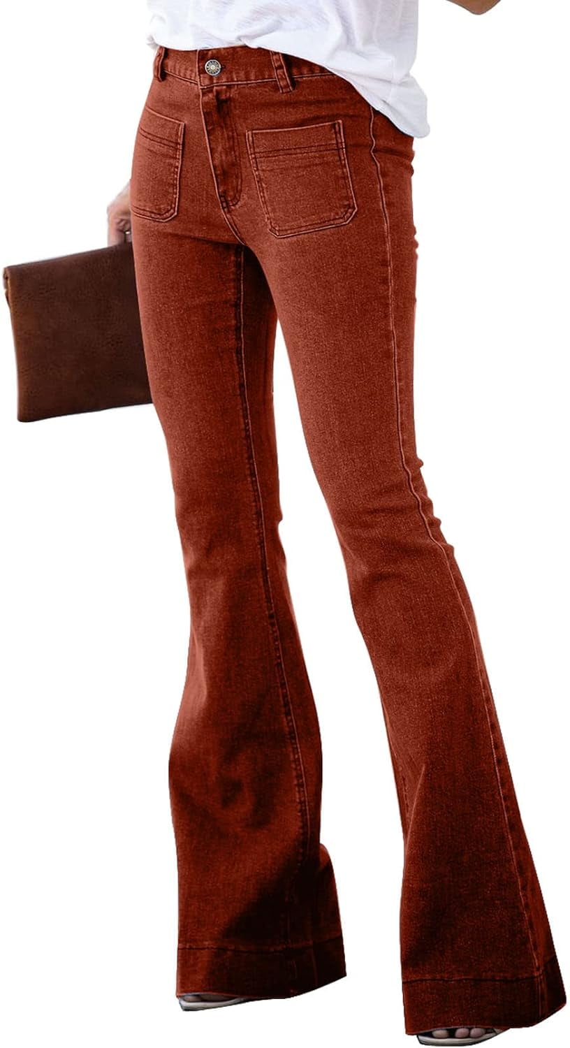 Women's High Waisted Destroyed Flared Jeans Elastic Waist Bell Bottom