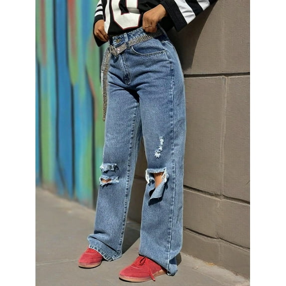 Women's High - Waisted Distressed Wide - Leg Jeans Loose Fit Street Art Trend Women's Street Pants Cotton Denim Ripped Frayed Design Light Blue Wash Edgy Casual Pants
