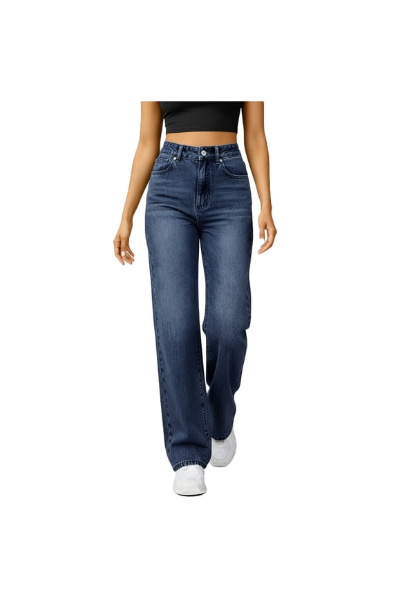 Women's High Waisted Distressed Wide Leg Stretchy Denim Jeans Baggy Straight Leg Pants with 5 Pockets for Fall Casual Daily Wear,Navy,XXL