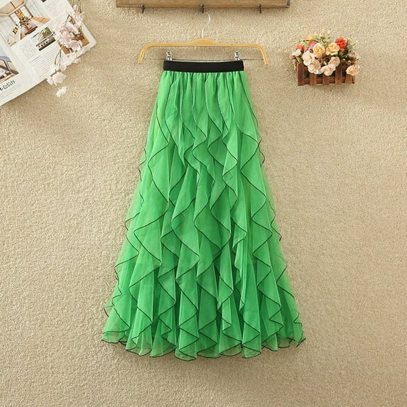 Women's High-Waisted Double-Layered Fairy Ruffle Hemmed Midi A-Line Skirt