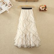 Womens High-Waisted Double-Layered Fairy Ruffle Hemmed Midi A-Line Skirt