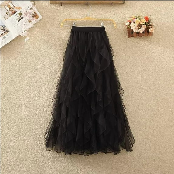 Women's High-Waisted Double-Layered Fairy Ruffle Hemmed Midi A-Line Skirt