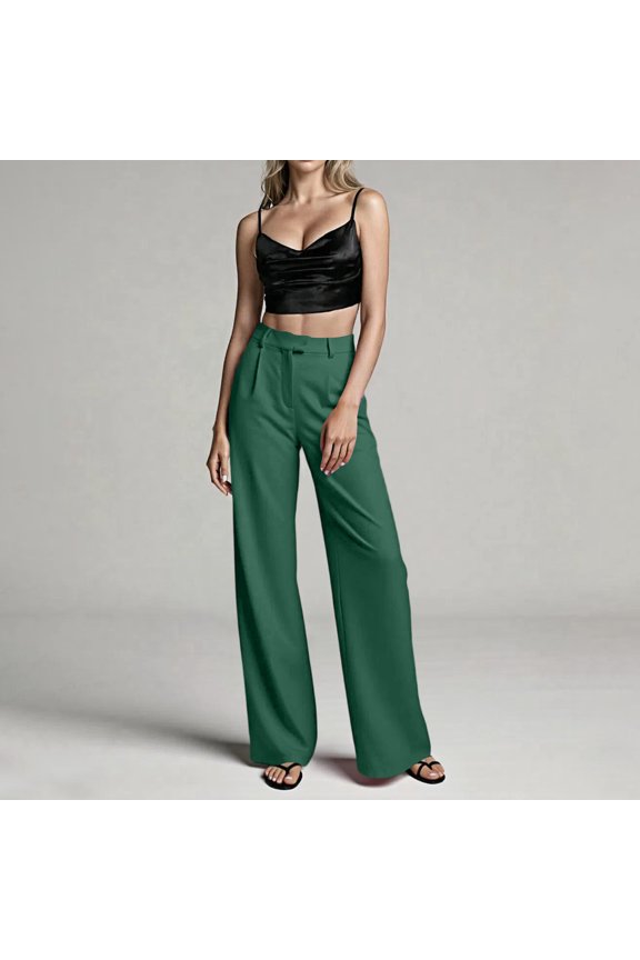 Women's High Waisted Drape Straight Suit Pants Casual Commute Work Trousers Green M