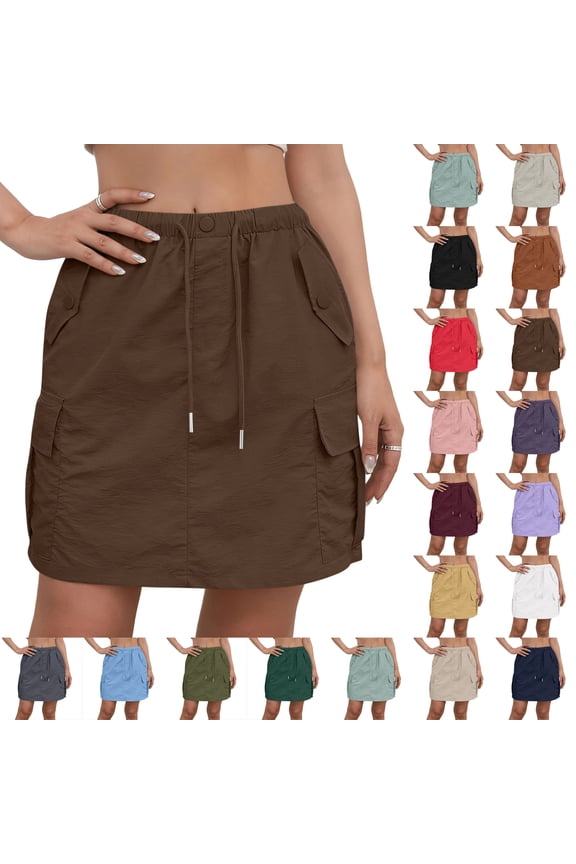 Women's High Waisted Drawstring Cargo Mini Skirt with Multi Pockets, Casual Lightweight Utility Short Skirt for Daily & Outdoor Wear Light Gray S