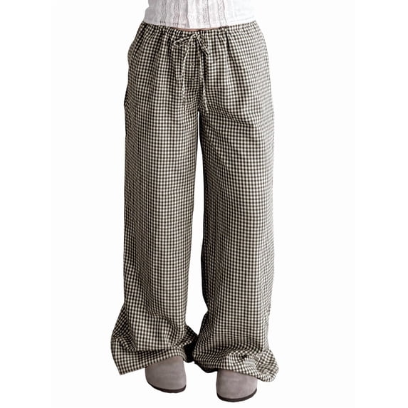 Women's High Waisted Drawstring Pockets Wide Leg Pants Woman Plaid Trousers for Casual Summer Black & White S
