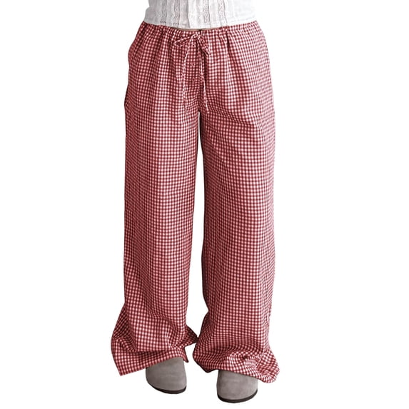 Women's High Waisted Drawstring Pockets Wide Leg Pants Woman Plaid Trousers for Casual Summer HOT Red XXL