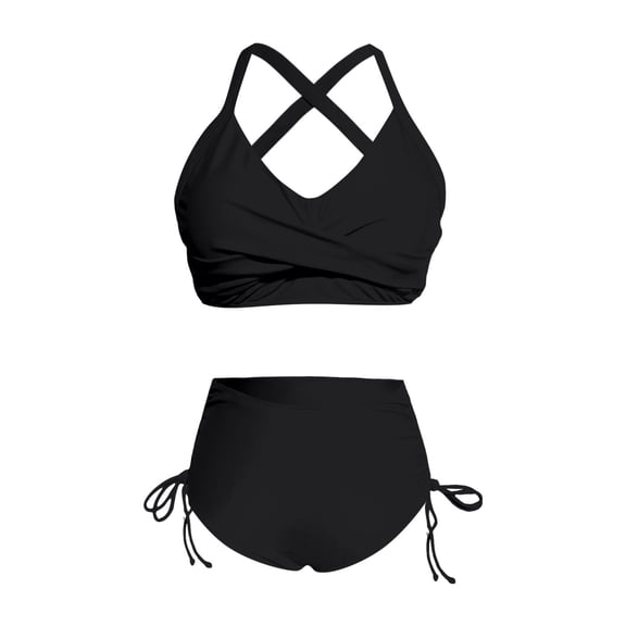 Women's High-Waisted Drawstring Tummy-Control Bikini Set - Crisscross Tie 2-Piece, Stretchy Shaping Swimwear, Beach Casual Style,Size:M