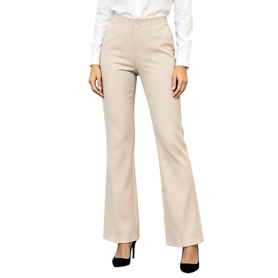 Women's High Waisted Dress Pants Bootcut Flare Leg Double Button Business Casual Work office Trousers with Pockets Stretchy Elegant Beige
