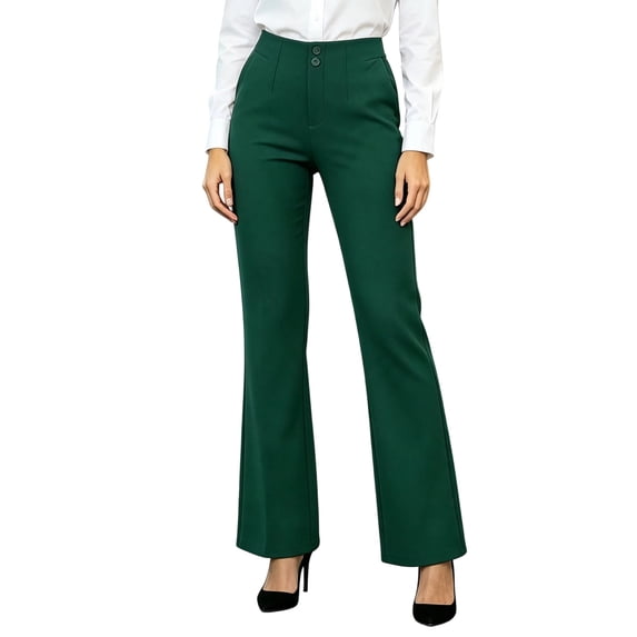 Women's High Waisted Dress Pants Bootcut Flare Leg Double Button Business Casual Work office Trousers with Pockets Stretchy Elegant Green