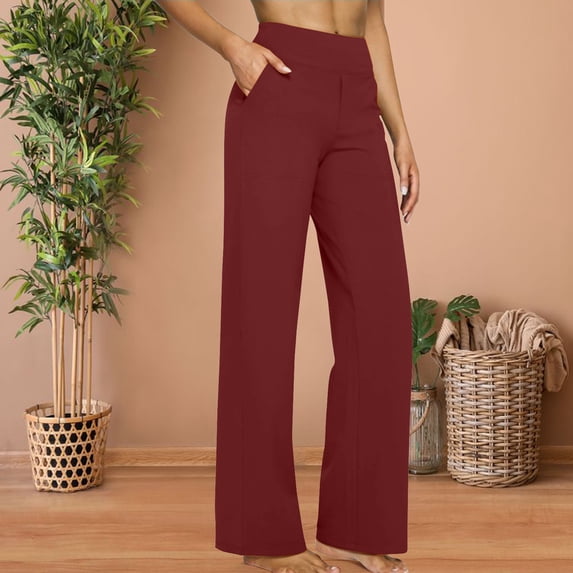Women's High Waisted Dress Pants Business Casual Daliy,Stretchy Straight Leg Work Slacks for Office,Comfortable Pull On Trousers with Pockets,Regular Petite Plus Sizes Red S