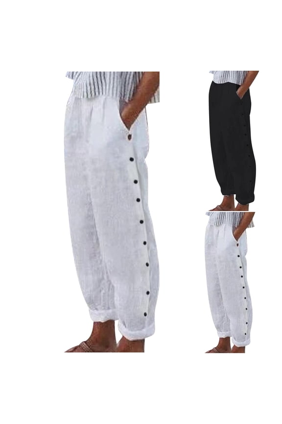 Women's High Waisted Elastic Waist Button Fly Casual Pants Trousers Slacks Bottoms Solid Color Stretchy Relaxed Fit Lounge Wear Office Work Travel Essentials for Women | Aestivo,White M