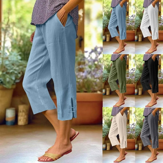 Women's High Waisted Elastic Waist Capris Pants Trousers Bottoms Solid Color Linen Summer Casual Daily Lounge Home Travel Vacation Essentials | Aestivo,Green M
