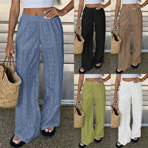 Women's High Waisted Elastic Waist Wide Leg Pants Trousers Slacks Bottoms Solid Color Lace Hollow Out Casual Daily Lounge Wear Office Work Travel Essentials | Aestivo,Green L