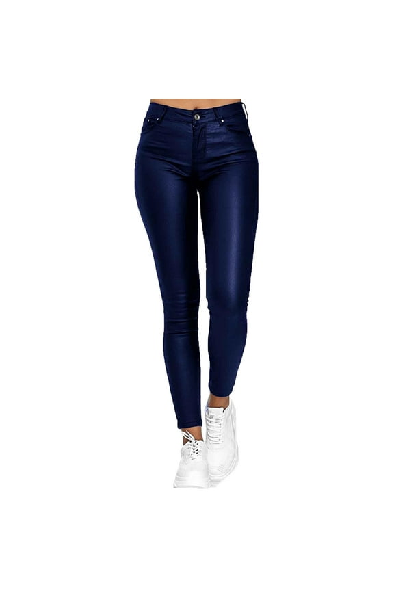 Women's High Waisted Fake Leather Skinny Pants Jeans Style Stretchy Jeggings, Faux Leather Sexy Legging Pants with Pockets