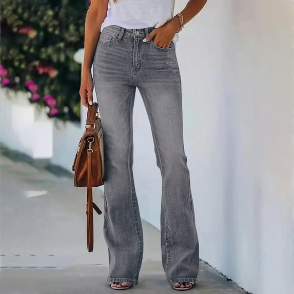 Women's High Waisted Flare Bell Bottom Jeans Stretchy Denim Pants Vintage 70s Retro Wide Leg Trouser Jeans with Distressed Details Light Ashy L