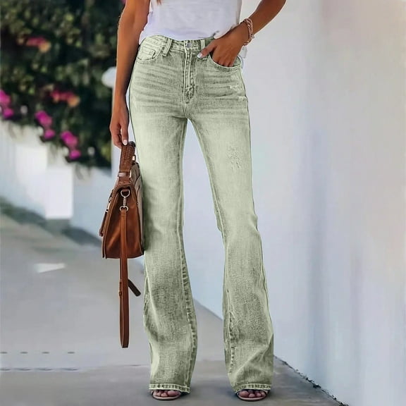 Women's High Waisted Flare Bell Bottom Jeans Stretchy Denim Pants Vintage 70s Retro Wide Leg Trouser Jeans with Distressed Details Light Green L