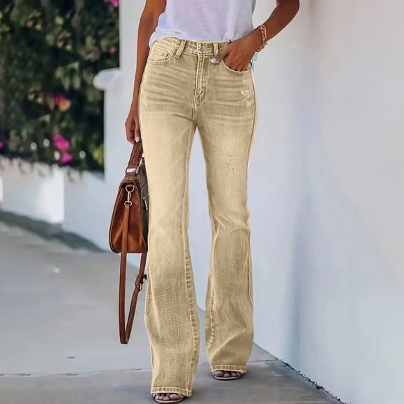 Women's High Waisted Flare Bell Bottom Jeans Stretchy Denim Pants Vintage 70s Retro Wide Leg Trouser Jeans with Distressed Details Yellow XL