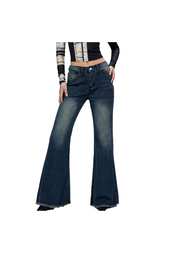 Women's High Waisted Flare Jeans, Vintage Washed Bell Bottom Jeans with Frayed Hem, Retro Wide Leg Denim Pants Y2K Fashion