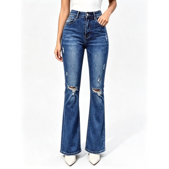 Women's High‑Waisted Flare Leg Denim Jeans, Dark Blue Distressed Wash Ripped Jeans with Cuffed Hem, Sizes 6‑20