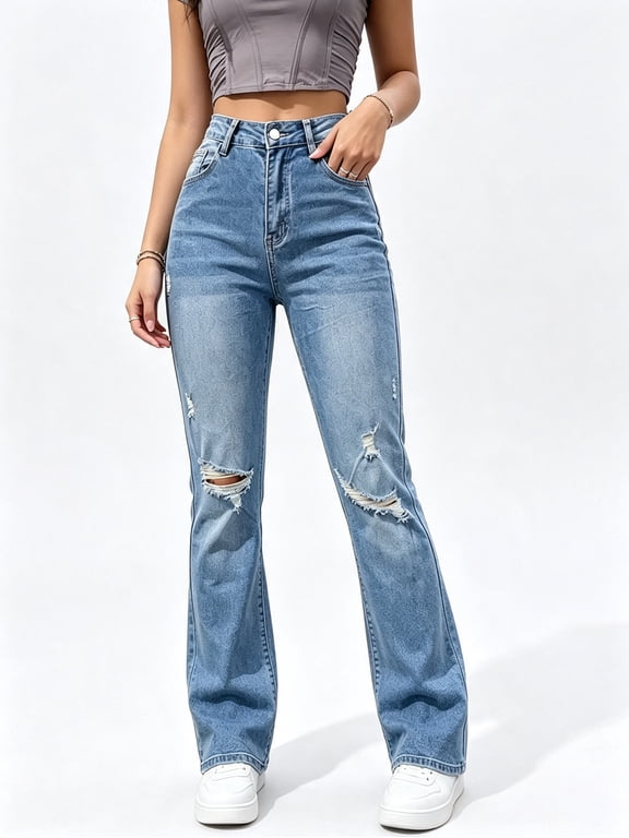 Women's High‑Waisted Flare Leg Denim Jeans, Light Blue Distressed Wash Ripped Jeans with Cuffed Hem, Sizes 6‑20