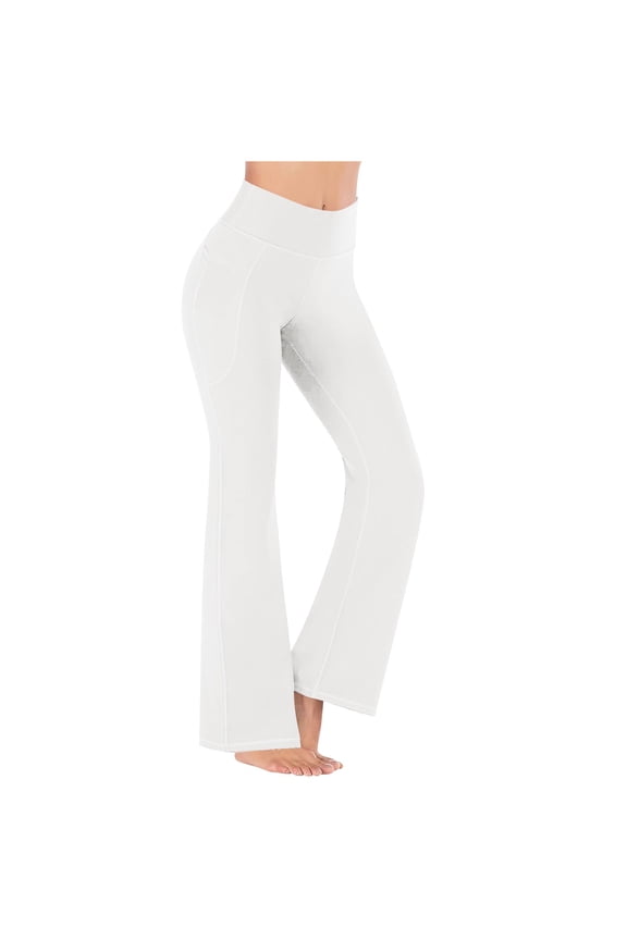Women’s High Waisted Flare Leggings Bootcut Bell Bottom Yoga Pants with Pockets Stretchy Workout Dance Trousers for Casual and Fitness,White,S