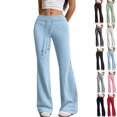 thumbnail image 1 of Women's High Waisted Flare Leggings with Pockets - Tummy Control Drawstring Wide Leg Yoga Pants Soft Lounge Workout Gym Y2K Bell Bottoms Sky Blue L, 1 of 8
