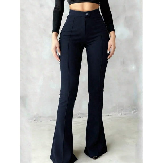 Women's High-Waisted Flare Pants, Front Seam Detail, Stretch Fabric, Suitable For Casual, Formal Occasions And Parties, Black