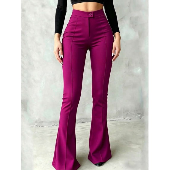 Women's High-Waisted Flare Pants, Front Seam Detail, Stretch Fabric, Suitable For Casual, Formal Occasions And Parties, Black