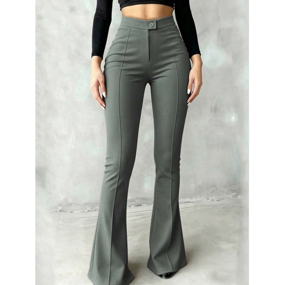 Women's High-Waisted Flare Pants, Front Seam Detail, Stretch Fabric, Suitable For Casual, Formal Occasions And Parties, Black