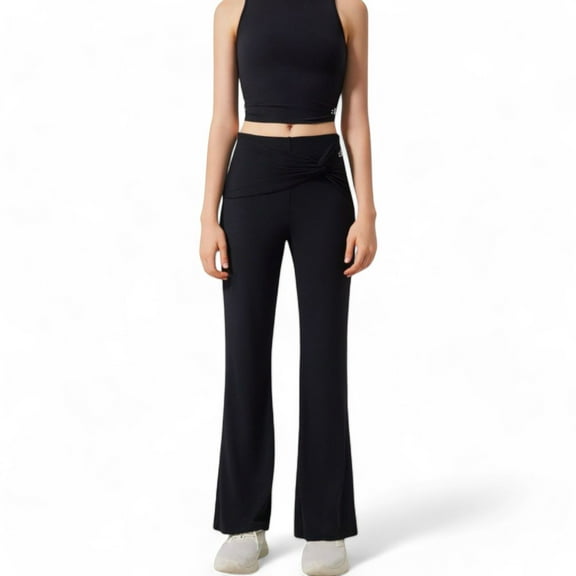 Women's High-Waisted Flare Pants with Twist Knot Detail - Large, Black
