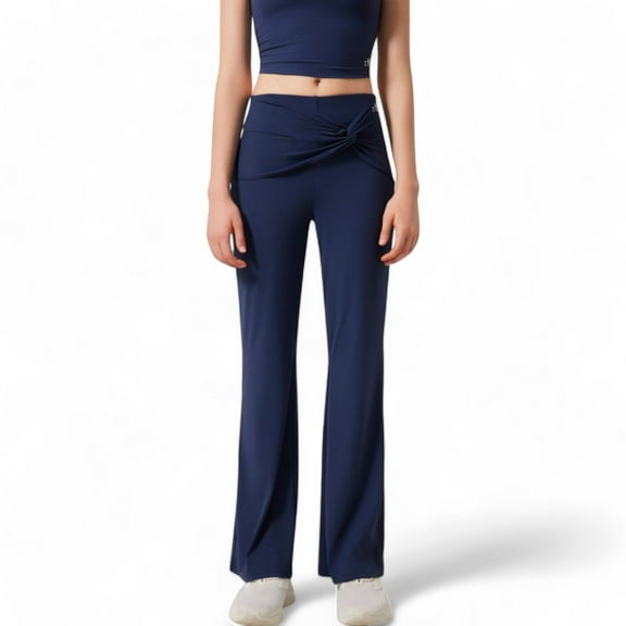 Women's High-Waisted Flare Pants with Twist Knot Detail - Large, Navy