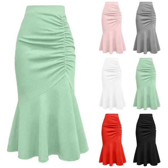 Women's High-Waisted Flared Midi Skirt Casaul Solid Color Pleated Elastic Waist Fishtail Waist Hip Skirt, Size XL-5XL