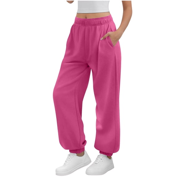 Women's High Waisted Fleece Joggers, Women Soft Fuzzy Sweatpants with Drawstring, Female Cozy Winter Warm Solid Color Jogger Sweatpants with Pockets