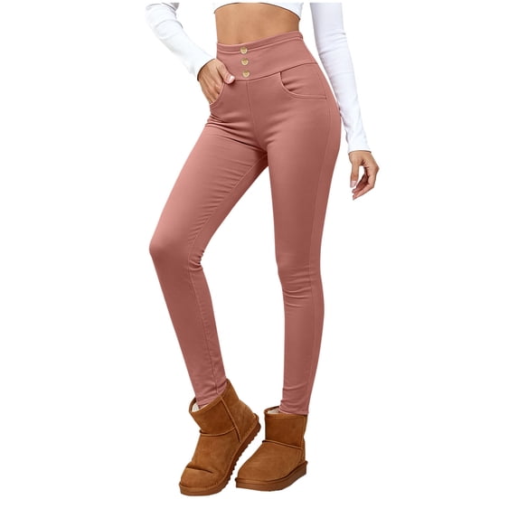 Women's High Waisted Fleece Lined Jeggings Button Pull On Skinny Jeans Pant Stretch Knit Leggings with Pockets