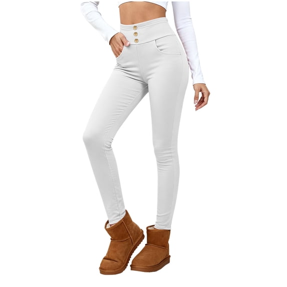 Women's High Waisted Fleece Lined Jeggings Button Pull On Skinny Jeans Pant Stretch Knit Leggings with Pockets