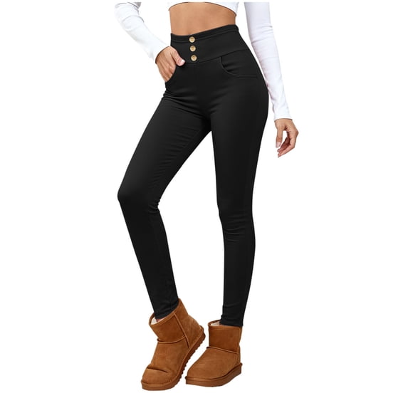 Women's High Waisted Fleece Lined Jeggings Button Pull On Skinny Jeans Pant Stretch Knit Leggings with Pockets