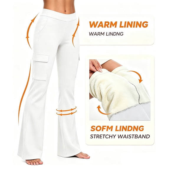 Women's High Waisted Fleece Lined Leggings with Pockets Solid Color Soft Stretchy Cargo Flare Pants for Winter