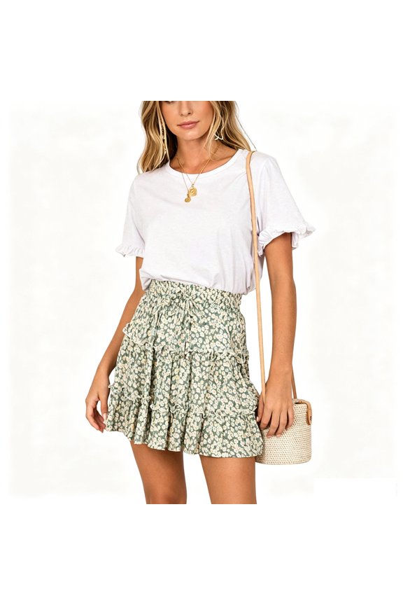 Women's High-Waisted Floral Print Ruffled A-Line Mini Skirt