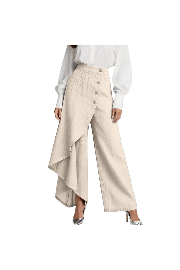 Women's High Waisted Flowy Asymmetrical Wrap Pants Button Down Fashion Skirted Palazzo Pant for Spring Summer Beige S