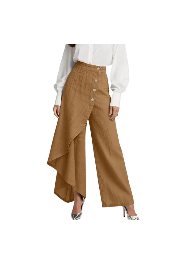 Women's High Waisted Flowy Asymmetrical Wrap Pants Button Down Fashion Skirted Palazzo Pant for Spring Summer Light Brown S