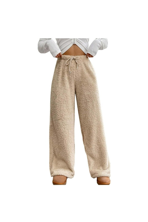 Women's High Waisted Fuzzy Pants Drawstring Cozy Wide Leg Casual Lounge Trousers Furry Warm Winter Pants Homewear