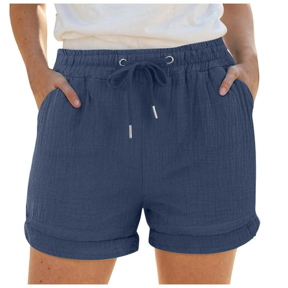 Women's High Waisted Gauze Cotton Shorts Linen-Like Breathable Drawstring Summer Beach Shorts with Pockets
