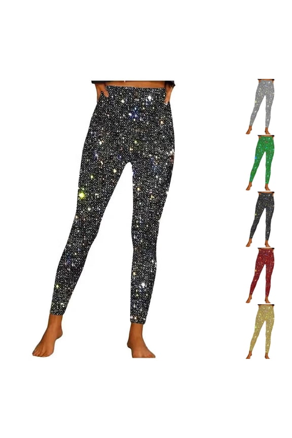 Women's High Waisted Glitter Leggings Fashion Y2K Yoga Workout Sequin Pants High Waisted Elastic Tights Streetwear Black M