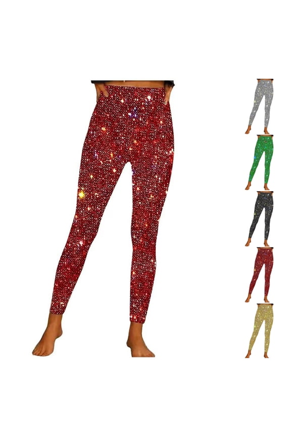 Women's High Waisted Glitter Leggings Fashion Y2K Yoga Workout Sequin Pants High Waisted Elastic Tights Streetwear Red L
