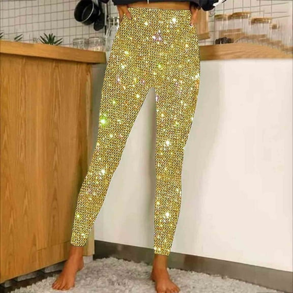 Women's High Waisted Glitter Leggings Fashion Yoga Workout Sequin Pants High Waisted Elastic Tights Streetwear New Wide Leg Trousers Women High Waisted Yellow 3XL
