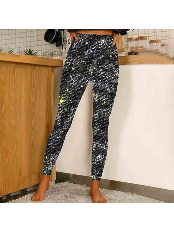 Women's High Waisted Glitter Leggings Fashion Yoga Workout Sequin Pants High Waisted Elastic Tights Streetwear New Wide Leg Trousers Women Work Black L