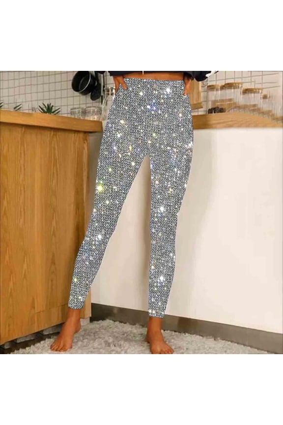 Women's High Waisted Glitter Leggings Fashion Yoga Workout Sequin Pants High Waisted Elastic Tights Streetwear New Womens Casual Pants Fall Silvery 3XL